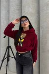 Burgundy Hooded Teddy Bear Embroidered Crop Sweatshirt