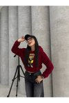 Bordo Kapüşonlu Peluş Ayı Nakışlı Crop Sweatshirt