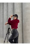 Bordo Kapüşonlu Peluş Ayı Nakışlı Crop Sweatshirt