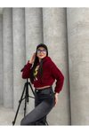 Bordo Kapüşonlu Peluş Ayı Nakışlı Crop Sweatshirt