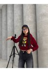 Bordo Kapüşonlu Peluş Ayı Nakışlı Crop Sweatshirt
