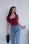 Bordo Kare Yaka Kısa Kollu Basic Bodysuit