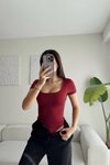Bordo Kare Yaka Kısa Kollu Basic Bodysuit
