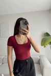Bordo Kare Yaka Kısa Kollu Basic Bodysuit