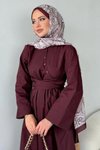 Bordo Keten Yan Çapraz Bağlamalı Tesettür Elbise