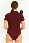 Bordo Kısa Kollu Patlı Yakalı İpek Jarse Body