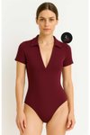 Bordo Kısa Kollu Patlı Yakalı İpek Jarse Body