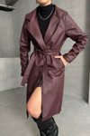 معطف طويل من الجلد الصناعي بدون أزرار مع حزام بلون بوردو