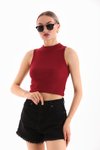 Bordo Likralı Crop Bluz