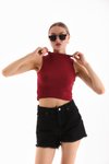 Bordo Likralı Crop Bluz