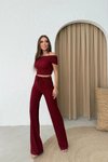 Bordo Madonna Yaka Bluz Ve Pantolon Gofre İkili Takım