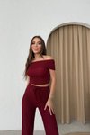 Bordo Madonna Yaka Bluz Ve Pantolon Gofre İkili Takım