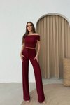 Bordo Madonna Yaka Bluz Ve Pantolon Gofre İkili Takım