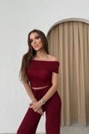 Bordo Madonna Yaka Bluz Ve Pantolon Gofre İkili Takım