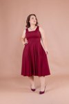 Bordo Midi Askılı Büyük Beden Kare Yaka Elbise