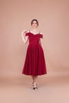 Bordo Midi Askılı Düşük Omuz Detay Pileli Abiye Elbise