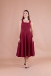 Bordo Midi Askılı Kare Yaka Elbise