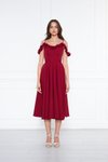 Bordo Midi Ayarlanabilir Askılı Yaka Fırfır Detay Dokuma Kumaş Pileli Kloş Abiye Elbise