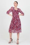 Bordeaux Midi Patterned Heart Neck Chiffon Dress