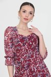 Bordo Midi Desenli Kalp Yaka Şifon Elbise
