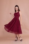 Bordo Midi Fransız Dantel Kare Yaka Kalın Askılı Abiye Elbise