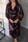 Bordo Midi Kemerli Pileli Şifon Elbise