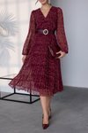 Bordo Midi Kemerli Piliseli Elbise