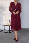 Bordo Midi Kemerli Piliseli Elbise