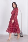 Bordo Midi Kemerli Yakası Bağlama Detaylı Desenli Şifon Elbise
