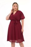 Bordo Midi Kruvaze Yaka Kuşaklı Büyük Beden Şifon Elbise