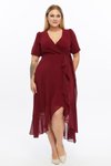 Burgundy Midi Wrap Neck Belted Ruffled Plus Size Chiffon Dress