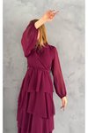 Bordo Midi Kuşaklı Yakası Bağlama Detaylı Şifon Elbise