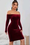 Bordo Midi Madonna Yaka Omuzları Açık Uzun Kollu Kadife Kalem Elbise
