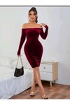 Bordo Midi Madonna Yaka Omuzları Açık Uzun Kollu Kadife Kalem Elbise
