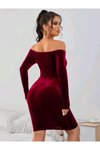 Bordo Midi Madonna Yaka Omuzları Açık Uzun Kollu Kadife Kalem Elbise