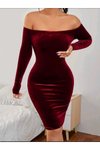Bordo Midi Madonna Yaka Omuzları Açık Uzun Kollu Kadife Kalem Elbise
