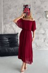Bordo Midi Madonna Yaka Piliseli Şifon Elbise