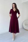 Bordo Midi Modal Kumaş V Yaka Etekli Kloş Elbise