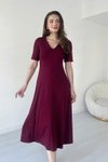 Bordo Midi Modal Kumaş V Yaka Etekli Kloş Elbise