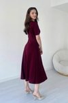 Bordo Midi Modal Kumaş V Yaka Etekli Kloş Elbise