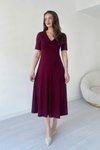 Bordo Midi Modal Kumaş V Yaka Etekli Kloş Elbise