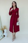 Bordo Midi Uzun Korsajlı V Yaka Elbise