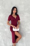 Bordo Midi V Yaka Aksesuarlı Yanları Yırtmaçlı Ottoman Elbise
