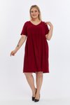 Bordo Midi V Yaka Büzgü Detaylı Yazlık Büyük Beden Elbise