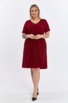 Bordo Midi V Yaka Büzgü Detaylı Yazlık Büyük Beden Elbise