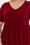 Bordo Midi V Yaka Büzgü Detaylı Yazlık Büyük Beden Elbise