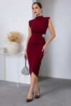 Bordo Midi Vatkalı Broş Detaylı Elbise