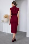 Bordo Midi Vatkalı Broş Detaylı Elbise