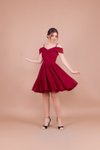 Bordo Mini Askılı Düşük Omuz Detay Pileli Abiye Elbise