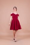 Bordo Mini Askılı Düşük Omuz Detay Pileli Abiye Elbise